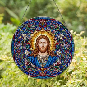 Jesus Christ Stained Glass Tiffany Style Portrait - Golden Halo Intricate Patterns Gift Stained Glass Suncatcher