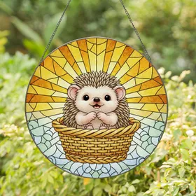 Baby Hedgehog Wicker Basket Stained Glass Art - Tiffany Style Sun Rays Mosaic Geometric Shapes Stained Glass Suncatcher