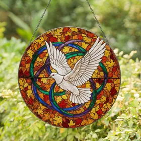 White Dove Autumn Foliage Detailed Mosaic Stained Glass - Jewel Tone Fall Nature Decor Stained Glass Suncatcher