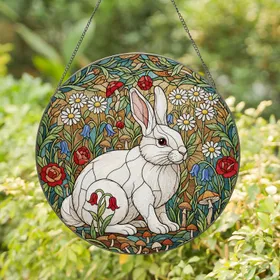 Fluffy White Rabbit Stained Glass - Vibrant Garden Botanical Mosaic Intricate Tiffany Art Stained Glass Suncatcher