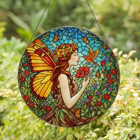 Ethereal Woman Butterfly Wings Tiffany Style Stained Glass Art Floral Garden Nature Decor Stained Glass Suncatcher