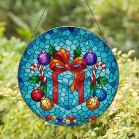 Christmas Gift Box Baubles Holly Candy Cane Tiffany Stained Glass - Festive Holiday Gift Stained Glass Suncatcher