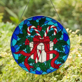 Candy Canes Gift Box Holly Berries Stained Glass Tiffany Mosaic Christmas Holiday Art Stained Glass Suncatcher