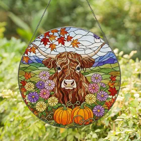 Fluffy Shaggy Cow Head, Autumn Flowers, Pumpkins & Leaves - Tiffany Style Glass Art Stained Glass Suncatcher