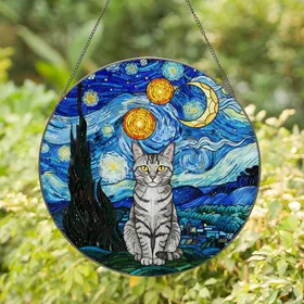 Light Gray Tabby Cat Van Gogh Night Sky - Cypress Tree Crescent Moon Luminous Stars Stained Glass Suncatcher