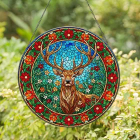 Tiffany Glass Stag Forest Mosaic - Intricate Antlers & Jewel Tone Nature Art Stained Glass Suncatcher
