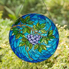 Blueberry Stained Glass Art - Tiffany Style Mosaic Vine & Leaf Pattern Translucent Jewel Tones Stained Glass Suncatcher