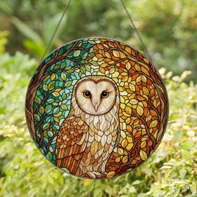 Barn Owl Autumn Foliage Tiffany Stained Glass Art - Golden Eyes Forest Mosaic Decor Stained Glass Suncatcher