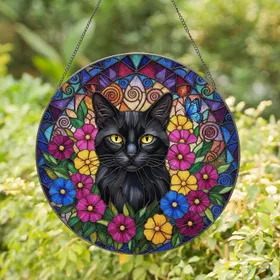 Black Cat Yellow Eyes Floral Tiffany Glass Mosaic Home Decor for Cat Lovers Stained Glass Suncatcher