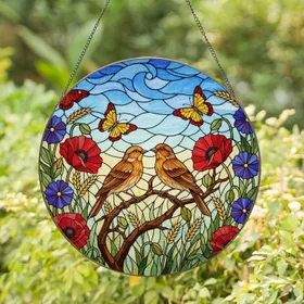 Tiffany Stained Glass Songbirds Wildflowers - Intricate Jewel Tone Butterfly Mosaic Art Stained Glass Suncatcher