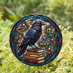 Black Crow Antique Books Stained Glass - Tiffany Organic Leaf Wall Art Stained Glass Suncatcher