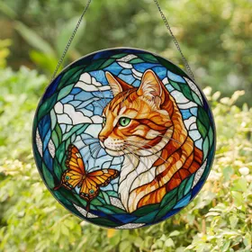 Orange White Tabby Cat Green Eyes Butterfly Intricate Tiffany Glass Mosaic Art Gift Stained Glass Suncatcher