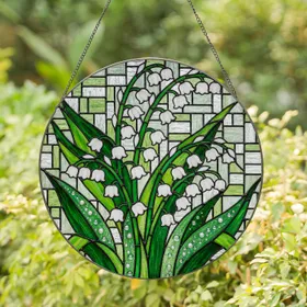 Lily of the Valley Stained Glass Art Tiffany Style Emerald White Blossom Dewdrop Design Stained Glass Suncatcher