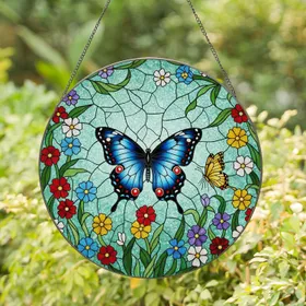 Blue Black Butterfly Tiffany Stained Glass Colorful Wildflower Mosaic Art Stained Glass Suncatcher