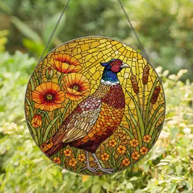 Detailed Male Pheasant Stained Glass Poppies Cattails - Nature Art Decor for Bird Lovers Stained Glass Suncatcher