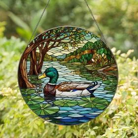 Male Mallard Duck Stained Glass Art - Tiffany Style Pond Scene, Lily Pads, Riverbank Trees Stained Glass Suncatcher