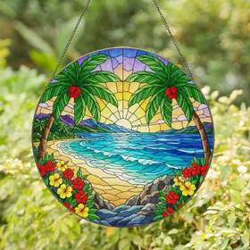 Tropical Beach Palm Tree Ocean Waves Stained Glass - Tiffany Jewel Tone Intricate Art Stained Glass Suncatcher