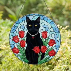 Black Cat Red Tulips Stained Glass Tiffany Style - Mosaic Geometric Art for Cat Lovers Stained Glass Suncatcher