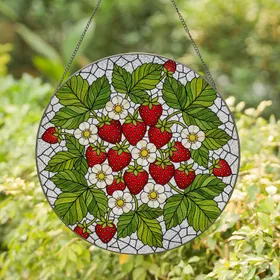 Tiffany Stained Glass Strawberry Blossom - Red Berries Green Leaf Intricate Mosaic Art Stained Glass Suncatcher