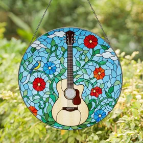Cream Acoustic Guitar Tiffany Stained Glass - Vibrant Flower Bird Blue Sky Mosaic Art Stained Glass Suncatcher
