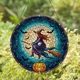 Flying Witch Full Moon Broomstick Stained Glass - Jack-O'-Lantern Bats Night Sky Stained Glass Suncatcher