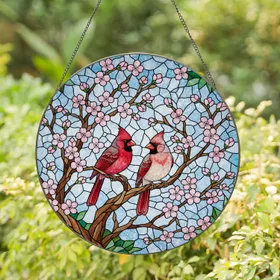 Male Female Cardinal Pair Tiffany Stained Glass - Cherry Blossom Bird Window Gift Stained Glass Suncatcher