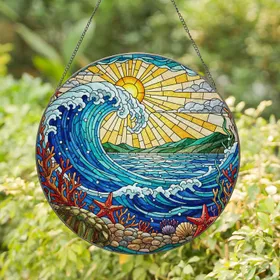 Majestic Ocean Wave & Sun Stained Glass Art - Underwater Coral & Sea Turtle Design Stained Glass Suncatcher