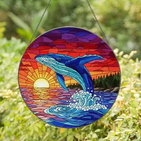 Blue Whale Breaching Sunset Stained Glass Art - Ocean Horizon Tiffany Style Decor Gift Stained Glass Suncatcher