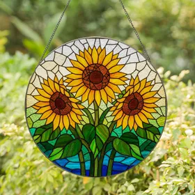 Three Sunflowers Stained Glass Tiffany Art Mosaic - Detailed Jewel Tone Window Decor Stained Glass Suncatcher