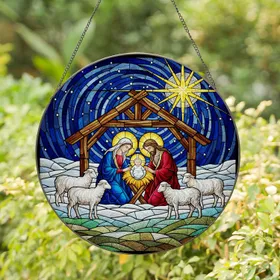 Mary Joseph Baby Jesus Manger Scene Bethlehem Star Sheep Christmas Nativity Holiday Decor Stained Glass Suncatcher