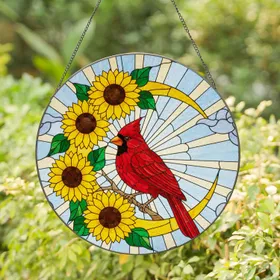 Vibrant Red Cardinal Sunflowers Crescent Moon Tiffany Stained Glass Mosaic Sky Art Stained Glass Suncatcher