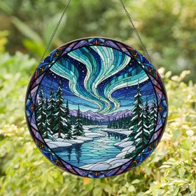 Winter River Aurora Borealis Landscape Evergreen Trees Snowy Mountains - Tiffany Art Decor Gift Stained Glass Suncatcher