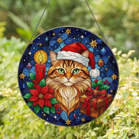 Tabby Cat Santa Hat Poinsettia Stained Glass - Christmas Starry Night Holiday Gift for Cat Lovers Stained Glass Suncatcher