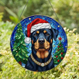 Black Tan Dog Santa Hat Christmas Tree - Stained Glass Winter Night Gift for Dog Lovers Stained Glass Suncatcher