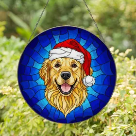 Smiling Golden Retriever Dog Santa Hat Stained Glass - Christmas Holiday Dog Lover Gift Stained Glass Suncatcher