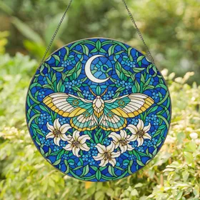 Moth Crescent Moon Stained Glass Art - Tiffany Style Jewel Tone Intricate Floral Patterns Stained Glass Suncatcher