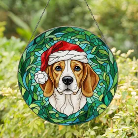 Beagle Dog Santa Hat Stained Glass Mosaic Art - Christmas Holiday Gift for Dog Lover Stained Glass Suncatcher
