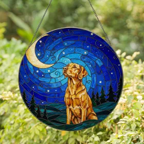 Tiffany Stained Glass Vizsla Labrador Dog Moon Stars Forest Sky - Dog Lover Gift Stained Glass Suncatcher