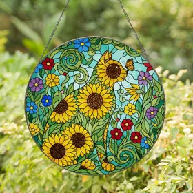 Tiffany Style Stained Glass Cat Silhouette Sunflower Garden Orange Butterfly Jewel Tones Stained Glass Suncatcher