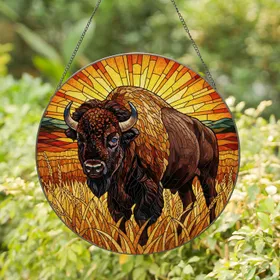American Bison Horns Prairie Landscape Stained Glass - Tiffany Sunset Jewel Tones Stained Glass Suncatcher