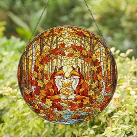 Two Foxes Heart Tiffany Style Glass - Autumn Leaves Forest Mosaic Jewel Tones Art Stained Glass Suncatcher