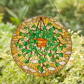 Vibrant Potted Plant Stained Glass Tiffany Style Cascading Leaves Sunny Sky Mosaic Art Stained Glass Suncatcher