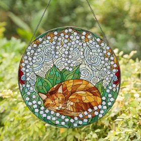 Sleeping Calico Cat Lily of Valley Stained Glass Tiffany Style Jewel Tone Mosaic Art Stained Glass Suncatcher