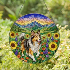 Happy Sheltie Dog Wildflower Meadow Tiffany Stained Glass Style Colorful Nature Art Stained Glass Suncatcher