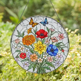 Tiffany Stained Glass Daffodil Poppy Marigold Anemone Butterflies - Floral Decor Stained Glass Suncatcher