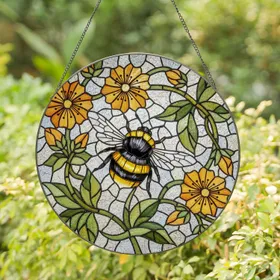 Bumblebee Stained Glass Flowers Tiffany Art - Garden Home Decor Nature Gift Stained Glass Suncatcher