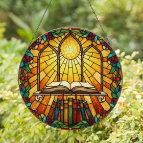 Open Book Stacked Books Arched Window Stained Glass Tiffany Style Jewel Tone Mosaic Stained Glass Suncatcher