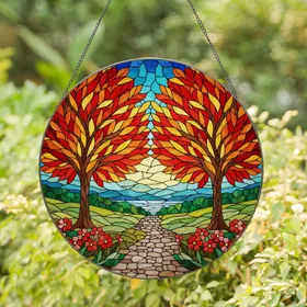 Tiffany Stained Glass Autumn Trees Cobblestone Path Hills Mosaic - Fall Nature Art Stained Glass Suncatcher