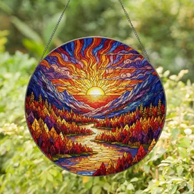 Setting Sun Mountain River Autumn Forest Valley Landscape Tiffany Style Glass Stained Glass Suncatcher