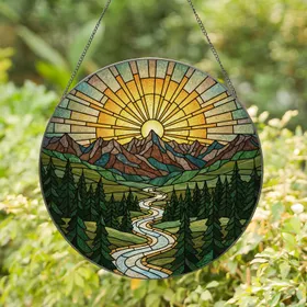 Tiffany Stained Glass Golden Sun Rays Rugged Mountain River Pine Window Decor Stained Glass Suncatcher